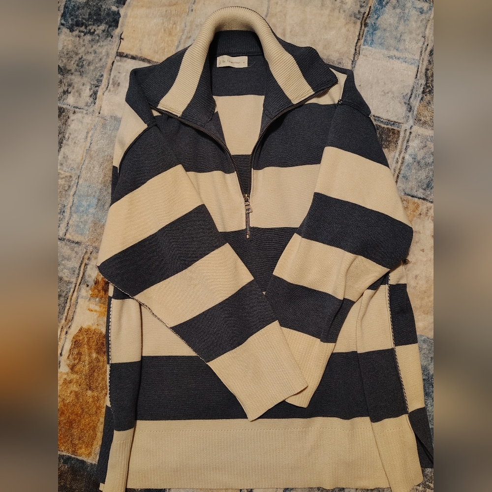 By Together Women's Oversized Half-Zip Striped Sweater in Beige & Navy
